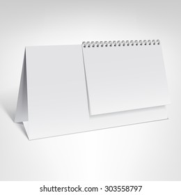 Spiral calendar vector template. Unusual table calendar with blank pages and black spiral with soft shadows isolated on white background.
