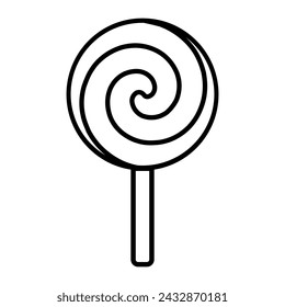 Spiral candy lollipop, birthday party symbol. Outline of festive spiral lollipop for design of children entertainment center. Simple linear icon isolated on white background