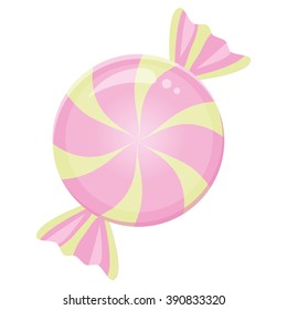Spiral candy sugar drop pink yellow color in a wrapper. Vector illustration 