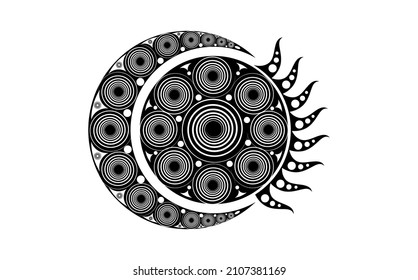 Spiral Celtic Moon and Celtic Sun, esoteric and occult signs, crescent moon pattern, esoteric radiant sun, vector illustration isolated on white background 