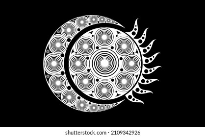 Spiral Celtic Moon and Celtic Sun, esoteric and occult signs, crescent moon pattern, esoteric radiant sun, vector illustration isolated on black background 