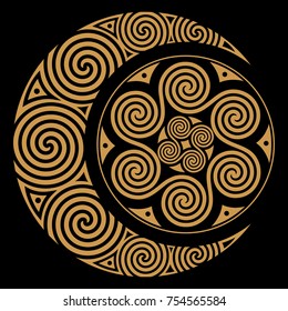 Spiral Celtic Moon and Celtic Sun, isolated on black, vector illustration