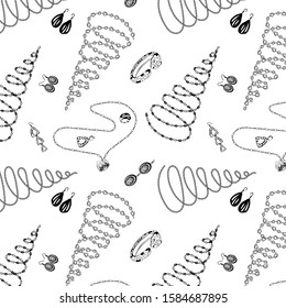 spiral, chains, earrings, bracelets, Christmas decorations, jewelry are drawn with ink. vector, seamless pattern