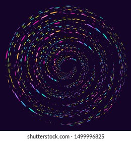 Spiral circle with dots - bright colorful drops on a dark background. Graphic art element for holiday design project - vector.
