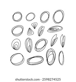 Spiral circle funky collection. Set of simple black scribble elements for design. Vector illustration stroke isolated on white background. Swirl abstract round, twirl ink drawing.