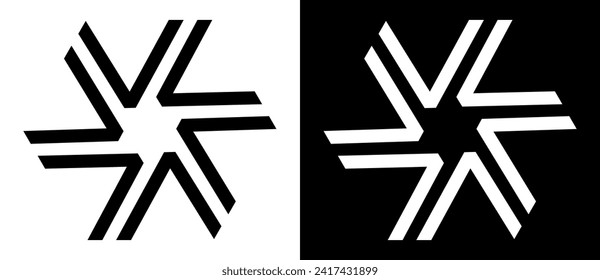 Spiral or circle with lines like letter V as dynamic abstract vector background or logo or icon. Black shape on a white background and the same white shape on the black side.