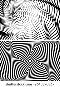 Spiral circle. Optical illusion spiral with black and white stripes. Twisting Whirl Motion. Modern liquify lines effect background.
