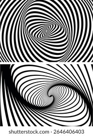 Spiral circle. Optical illusion spiral with black and white stripes. Twisting Whirl Motion. Modern liquify lines effect background.