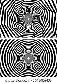 Spiral circle. Optical illusion spiral with black and white stripes. Twisting Whirl Motion. Modern liquify lines effect background.