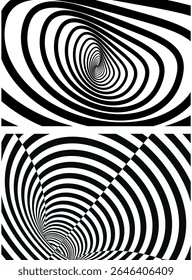 Spiral circle. Optical illusion spiral with black and white stripes. Twisting Whirl Motion. Modern liquify lines effect background.