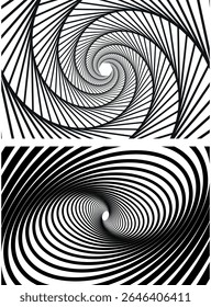 Spiral circle. Optical illusion spiral with black and white stripes. Twisting Whirl Motion. Modern liquify lines effect background.