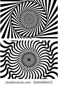 Spiral circle. Optical illusion spiral with black and white stripes. Twisting Whirl Motion. Modern liquify lines effect background.