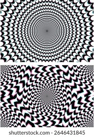Spiral circle. Optical illusion spiral with black and white stripes. Twisting Whirl Motion. Modern liquify lines effect background.
