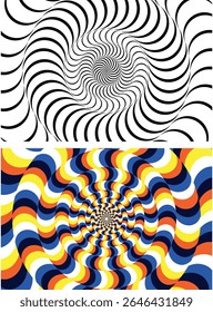 Spiral circle. Optical illusion spiral with black and white stripes. Twisting Whirl Motion. Modern liquify lines effect background.