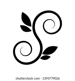 Spiral circle S shape line art decor vector round illustration with leaves black
