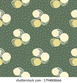Spiral circle seamless pattern. Doodle ornament with green background and dots. Simple geometric print. Design for wallpaper, textile, wrapping paper, fabric print. Vector illustration.