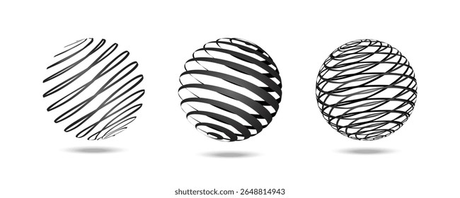 Formas de círculo em espiral. Figuras geométricas em espiral, elementos abstratos em espiral em círculo ondulado moderno, elementos de design de borda preta de movimento. Ilustração vetorial.