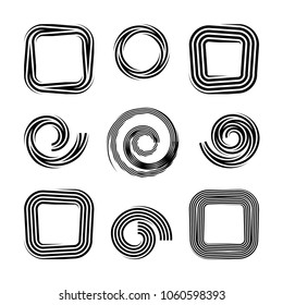 Formas de líneas espirales, redondeadas y rayadas cuadradas. Conjunto de elementos de diseño. Arte vectorial.