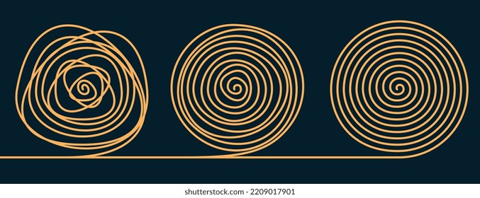 A spiral circle of tangled and unraveled lines, a tangle of Chaos and order. Problem solving concept