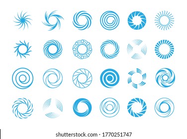 Spiral circles abstract set. Round blue swirls in form rotational whirlpool star burst lines effect motion subspace portals symbols illustration ancient runic solstice. Vector abstract symbolism.