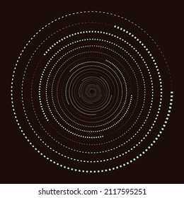 A spiral of circles. The design element is a spiral on a black background. Dots, circles in a spiral, a vortex. Round specks, dotted illustration. Pointillist, pointillism, an element of dotted art