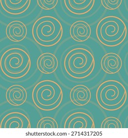 Spiral circles geometric pattern seamless. Cream beige shapes on blue green background, textile. Vector illustration