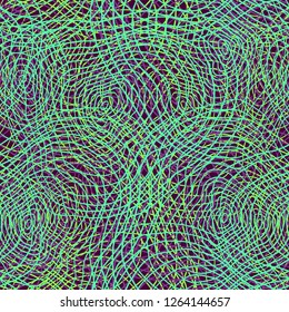 Spiral circles from hand drawn lines in green, yellow and purple colors seamless pattern on brown background.