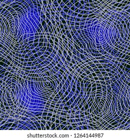 Spiral circles from hand drawn lines in blue and gray colors seamless pattern on black background.