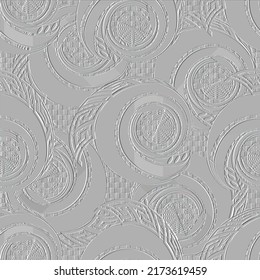 Los círculos espirales textualizaron el patrón sin fisuras del vector 3d. El fondo blanco del waffle del empotrador. Repetir el fondo del vector de control de superficie. La antigua clave griega serpentea las espirales de alivio ornamento. Textura 3d con relieve.