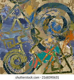 Spiral circles and spiral triangles seamless pattern. Brush strokes watercolor background. Tribal ethnic repeat abstract backdrop. Doodle lines hand drawn dirty design with brush strokes, doodles.