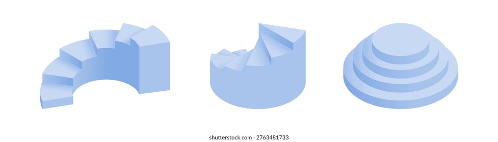 Spiral and circular stairs. Vector isometric steps set,isometric connectors between floors, linking platforms and levels. Architectural creativity and interior functionality. Planning visualization