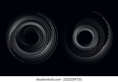 Spiral circular wave with lines. Sound rhythm, dynamic geometric transition on a dark background.