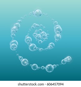 Spiral of cleaning foam or shampoo bubbles. Template for web site background, flyer, banner. Good for aqua park, swimming pool, diving club design. Deep sea with bubbles and sprays underwater.