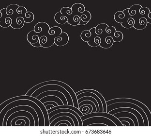 Spiral and Clouds Hand Drawn Vector Illustration Over the Black Background.