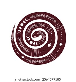 Spiral coiled snake with ornaments on white background. Chinese lunar new year symbol 2025. Vector illustration