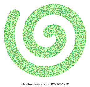 Spiral collage of round dots in different sizes and ecological green color hues. Small circles are grouped into spiral vector mosaic. Organic vector design concept.