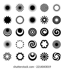  spiral, A collection of minimalist basic round elements. Geometric shapes of round, flower, star, circle,frame, sticker. Vector set for abstract design of Bauhaus, brutalism, art. 