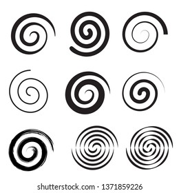 Spiral collection. Set of simple spirals. Set of black elements for design. Vector illustration flat style. Isolated on white background. Swirl drawn with a brush. Abstract sketch.