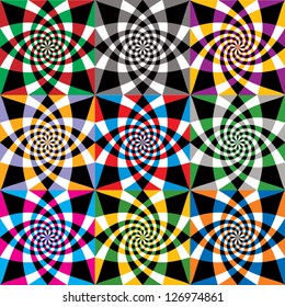 Spiral colorful whirls seamless pattern, vector design.