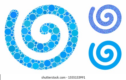 Spiral composition of filled circles in different sizes and color hues, based on spiral icon. Vector filled circles are united into blue composition. Dotted spiral icon in usual and blue versions.