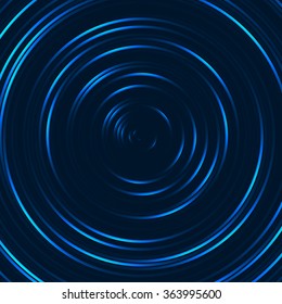 Spiral, concentric lines, circular, rotating background. Blue radial rings on a black background. 