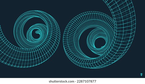 Espiral. Estructura de conexión. Túnel geométrico giratorio. Agujero del marco alambrado azul torcido. Resumen del diseño de rejilla al estilo tecnológico. Ilustración vectorial 3d para folleto, presentación, volante o banner.