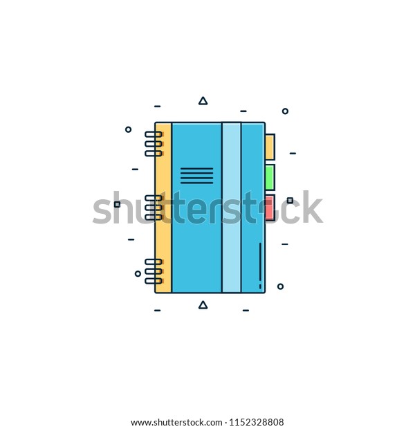 Spiral copybook with dividers\
- vector icon in flat color line design. Student note book,\
notebook, notepad, journal with spiral binding in colorful outline\
style.