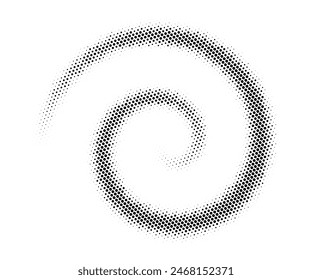 Curl en espiral con desenfoque degradado y textura de semitonos. Remolino redondo. Elemento de Vector gráfico radial con patrón de puntos y bordes de desvanecimiento