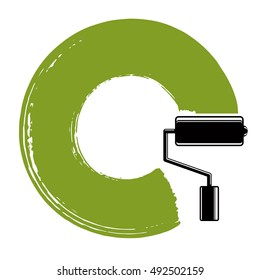 Spiral curve vector illustration, brushed circular shape. Green grunge round figure, acrylic sample created with paint roller.