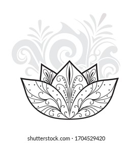 Spiral decorative leaves in behind of ornamental lotus flower, vector illustration