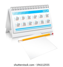 Spiral desk business office calendar planner mockup with pencil and paper sheet vector illustration