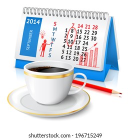 Spiral desk office calendar with business sketch red pencil and coffee cup vector illustration