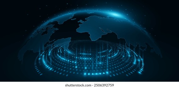 Círculos digitales espirales de puntos brillantes con el mapa del mundo sobre fondo oscuro. Vista de Perspectiva a un círculo punteado brillante abstracto. Visualización de Big Data en el ciberespacio. Ilustración vectorial.