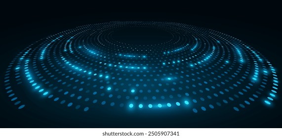 Círculos digitales espirales de puntos azules brillantes sobre fondo oscuro. Perspectiva vista a círculo punteado abstracto. Visualización de Big Data en el ciberespacio. Ilustración vectorial.